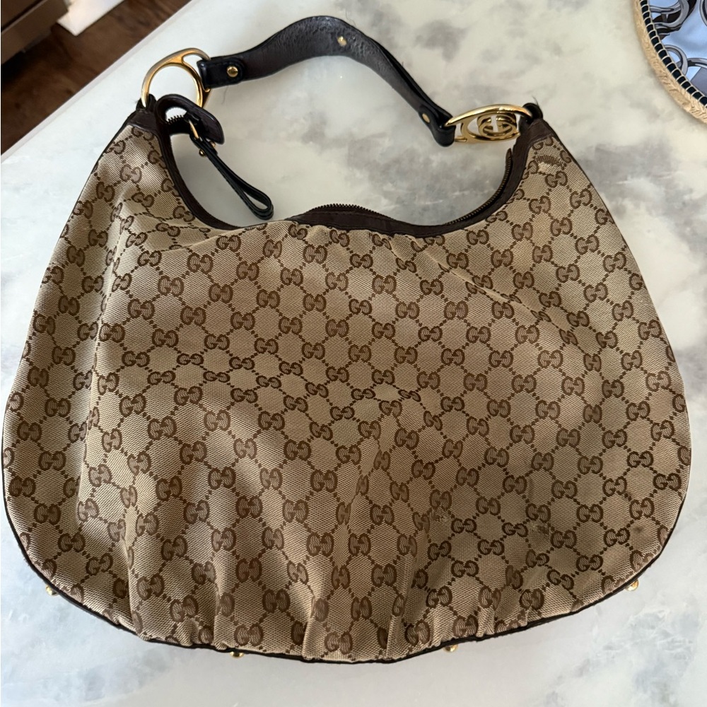 Gucci Tan and Brown Monogram Hobo Bag